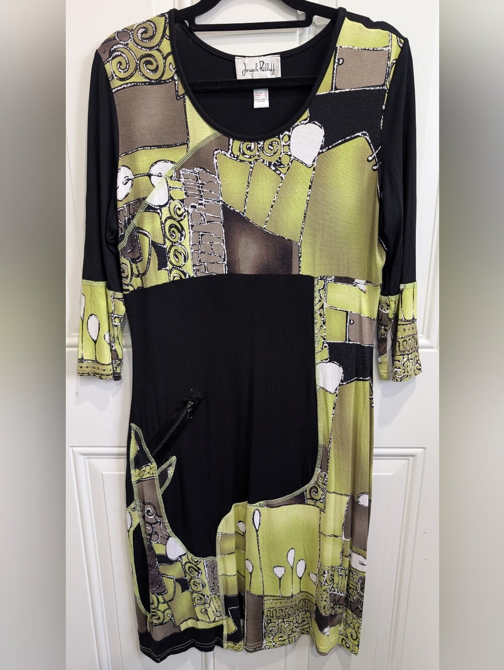 Joseph Ribkoff Abstract Geometric Jersey Knit Dress Green Black 3/4 Sleeve